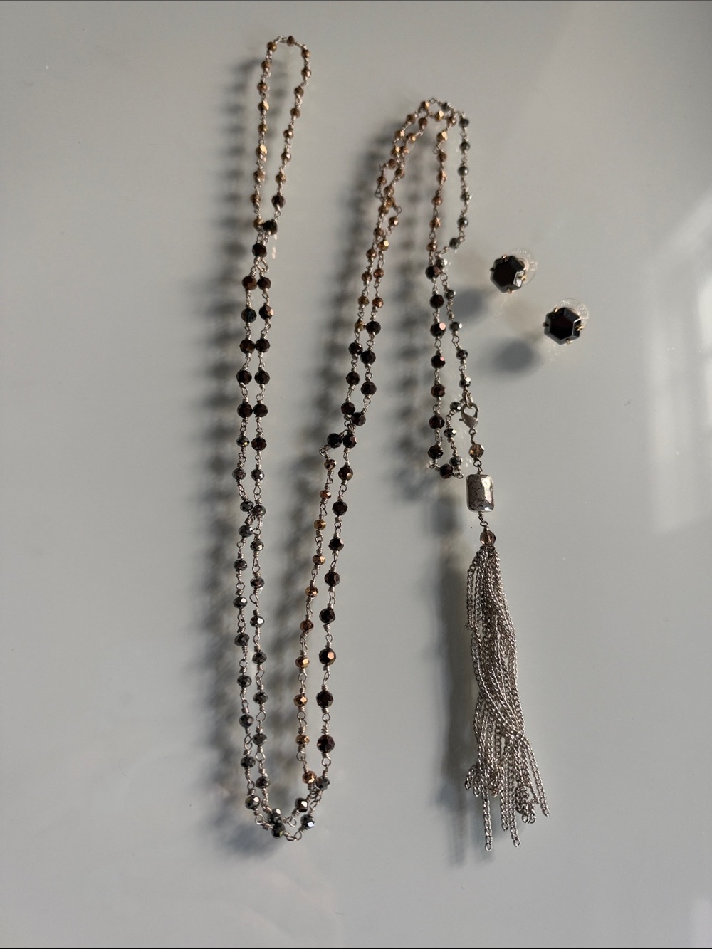 Stella & Dot Black Beaded 28βLong Necklace with Silver Tassel and Matching Studs